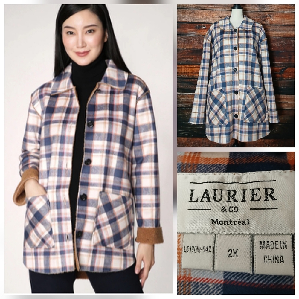 NWOT Laurier & CO Coat 2X Barn Jacket Plaid Faux Sherpa Lined Button Front